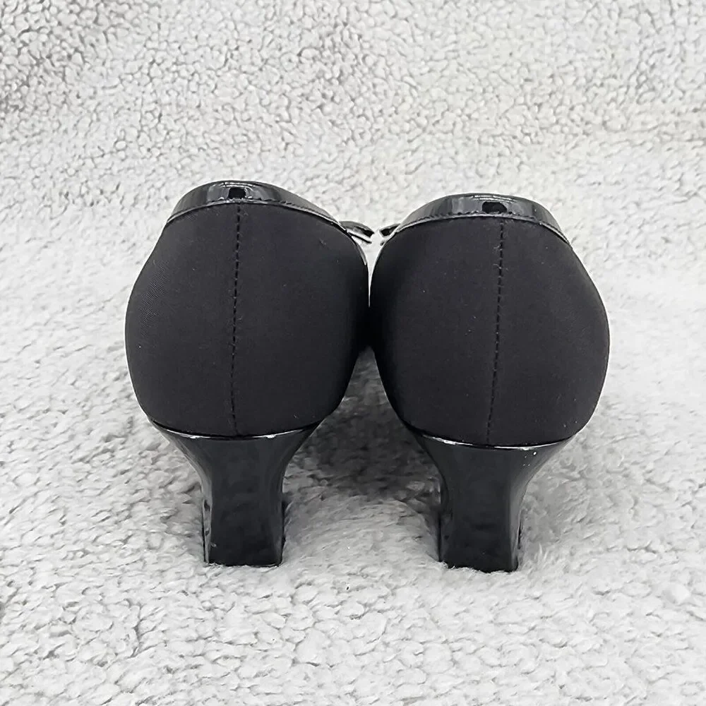 Naturalizer Womens Pumps Sz 6 M Black Fabric Square Toe Bow Retro Vintage Heels - Picture 4 of 9